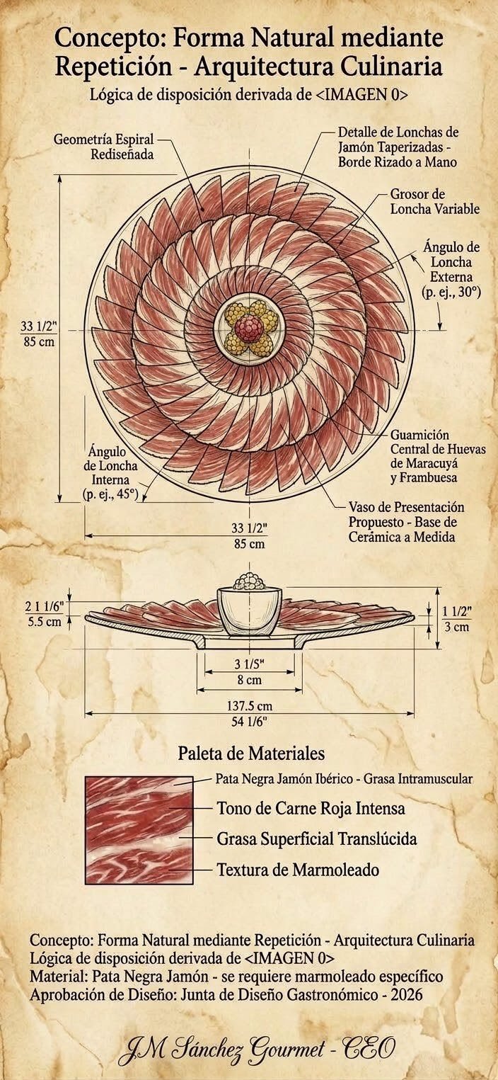 Plano de estudio de JM Sánchez Gourmet con la geometría en espiral, los ángulos y los grosores de cada loncha, y la paleta de materiales del jamón ibérico
