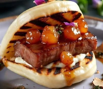 Pan bao relleno de cerdo glaseado con cebolla crujiente y flores comestibles