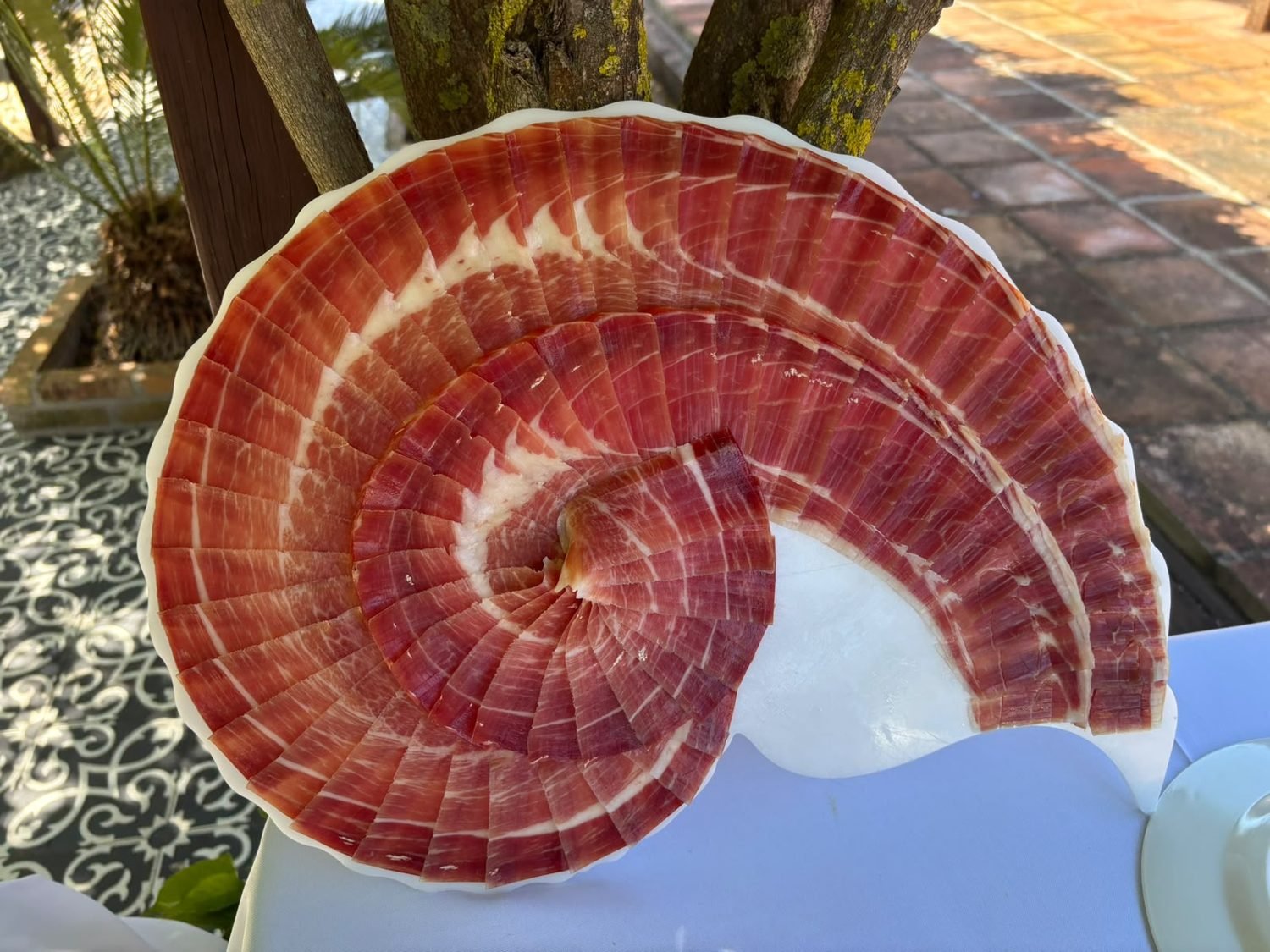 Bandeja en forma de concha con un patrón concéntrico de lonchas de jamón